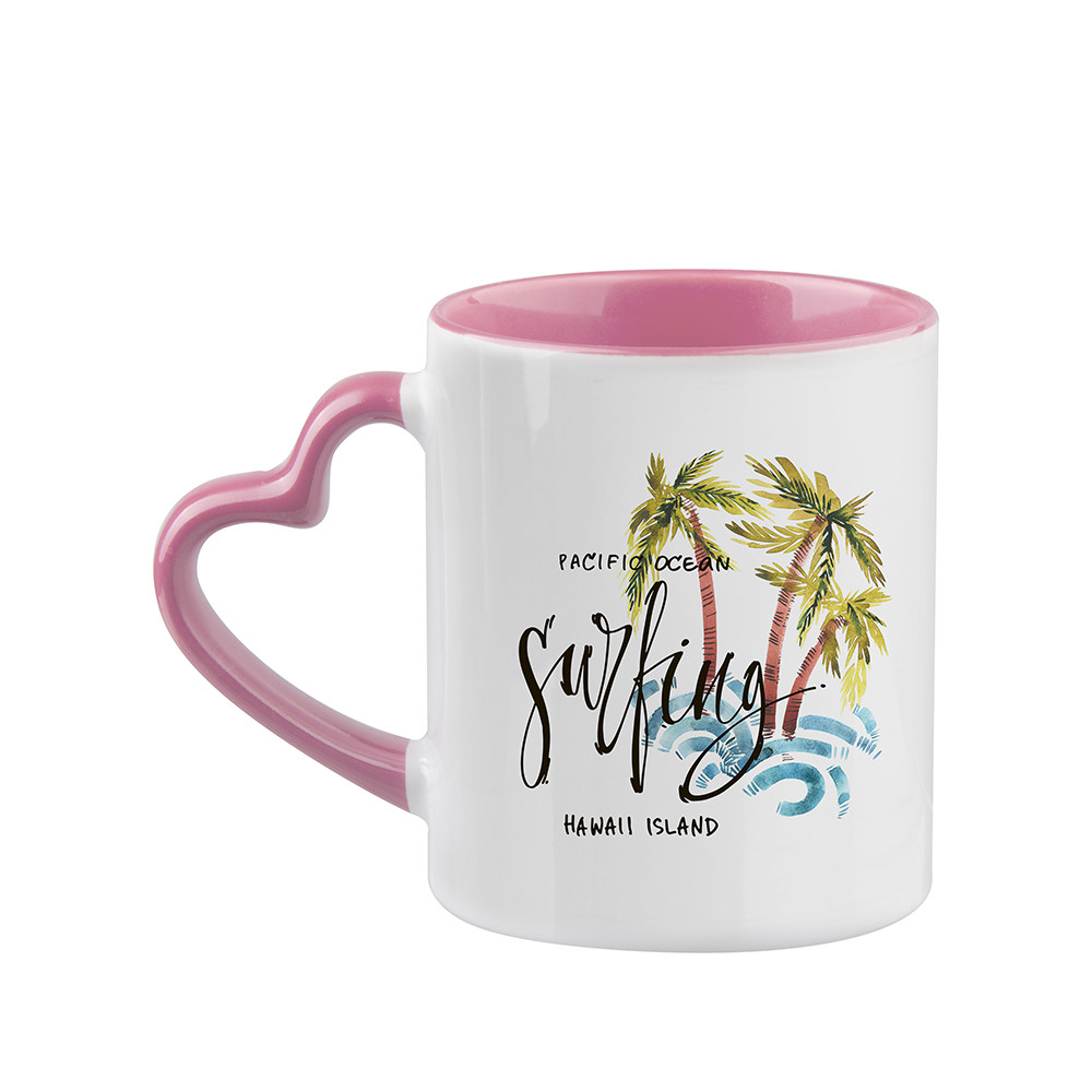 Tasse de couleur intérieure/poignée de 11 oz avec poignée en forme de cœur-rose