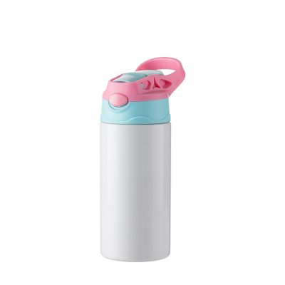 Bouteille en acier inoxydable pour enfants de 12 oz/360 ml avec paille en silicone et bouchon rose (blanc)
