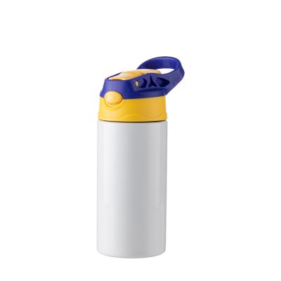 Bouteille en acier inoxydable pour enfants de 12 oz/360 ml avec paille en silicone et bouchon bleu (blanc)