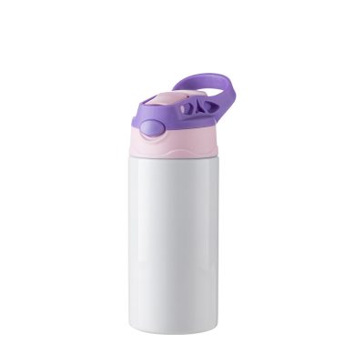 Bouteille en acier inoxydable pour enfants de 12 oz/360 ml avec paille en silicone et bouchon violet (blanc)