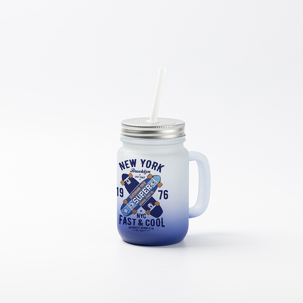 Pot Mason 12oz/350ml avec paille (givré, dégradé bleu foncé)