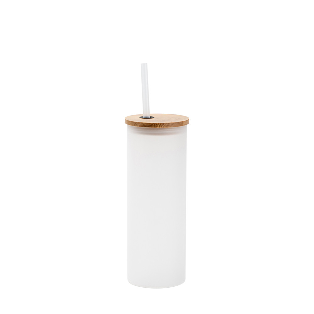 Gobelet fin en verre de 17 oz/500 ml avec couvercle en paille et en bambou (givré)