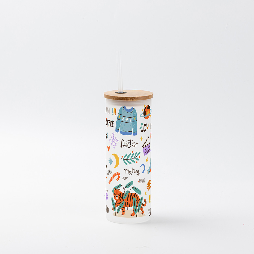 Gobelet fin en verre de 17 oz/500 ml avec couvercle en paille et en bambou (givré)