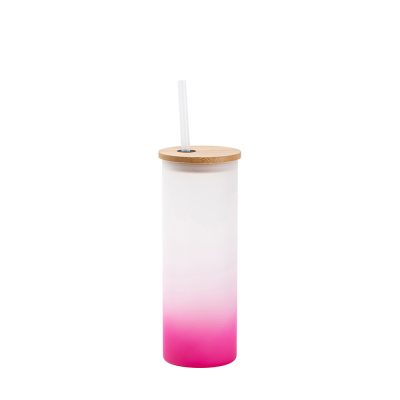 Gobelet fin en verre de 17 oz/500 ml avec couvercle en paille et en bambou (givré, violet dégradé)