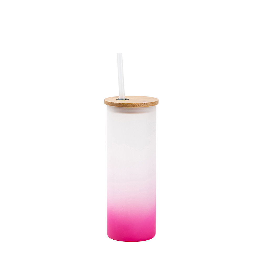 Gobelet fin en verre de 17 oz/500 ml avec couvercle en paille et en bambou (givré, violet dégradé)