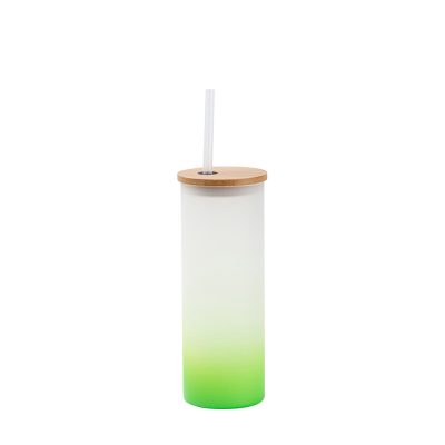 Gobelet fin en verre de 17 oz/500 ml avec couvercle en paille et en bambou (givré, vert dégradé)