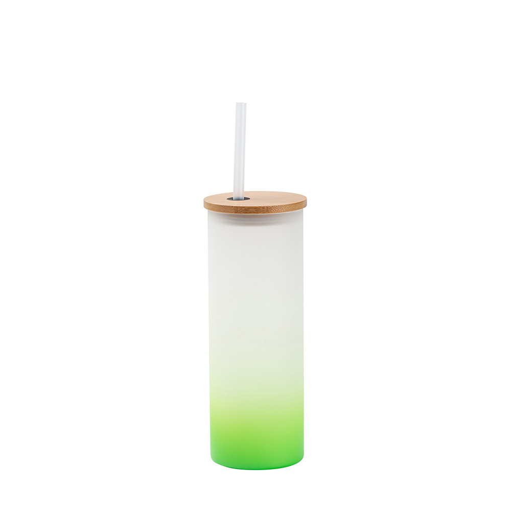 Gobelet fin en verre de 17 oz/500 ml avec couvercle en paille et en bambou (givré, vert dégradé)
