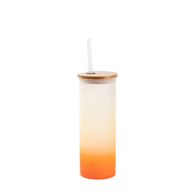 Gobelet fin en verre de 17 oz/500 ml avec couvercle en paille et en bambou (givré, orange dégradé)
