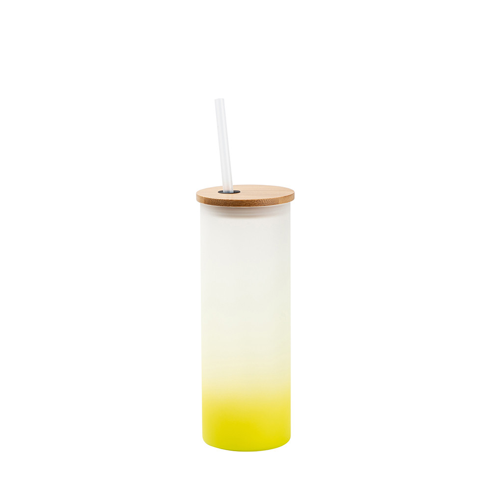 Gobelet fin en verre de 17 oz/500 ml avec couvercle en paille et en bambou (givré, dégradé jaune citron)
