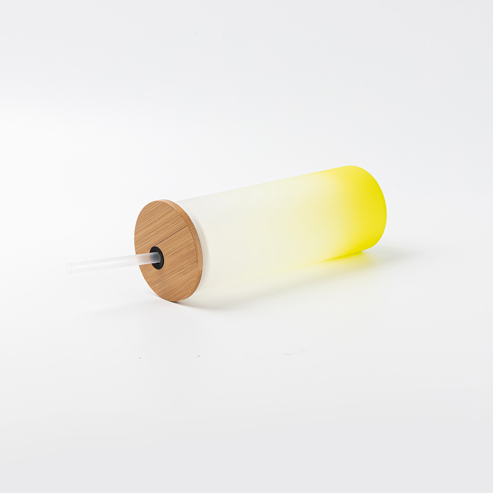 Gobelet fin en verre de 17 oz/500 ml avec couvercle en paille et en bambou (givré, dégradé jaune citron)