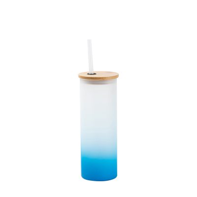 Gobelet fin en verre de 17 oz/500 ml avec couvercle en paille et en bambou (givré, dégradé bleu clair)