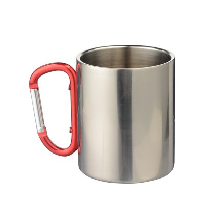 Tasse en acier inoxydable de 300 ml avec poignée mousqueton rouge (argent)