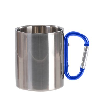 Tasse en acier inoxydable de 300 ml avec poignée mousqueton bleue (argent)