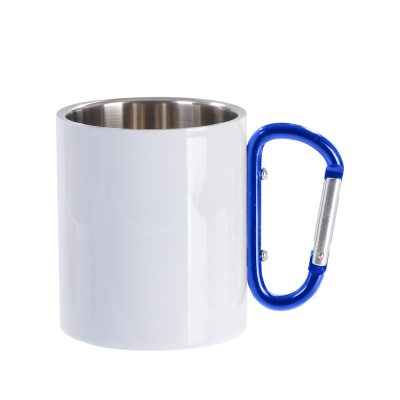 Tasse en acier inoxydable de 300 ml avec poignée mousqueton bleue (blanc)