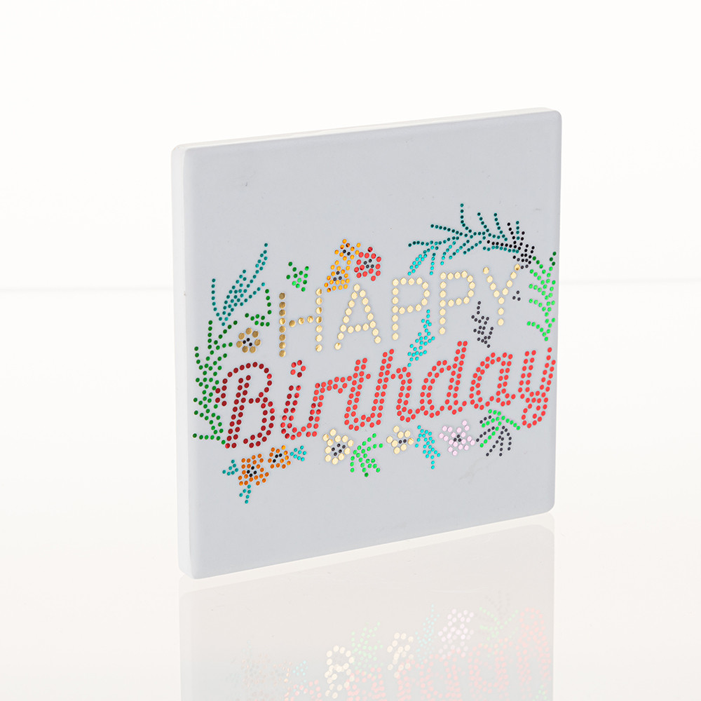 Feuille de transfert en faux strass (Joyeux anniversaire, 9,5 x 6 cm) 5 feuilles/paquet