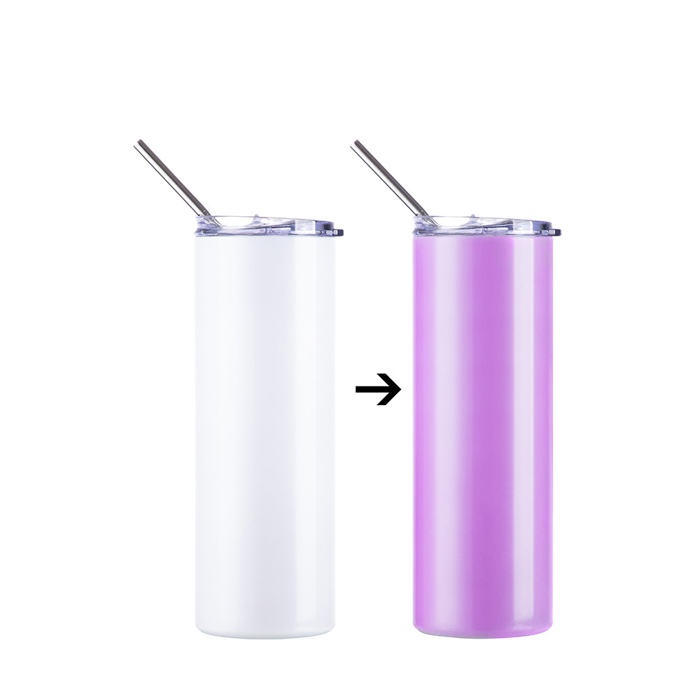 Gobelet SS à couleur changeante de 20 oz/600 ml avec paille et couvercle (activé par les UV, blanc à violet)