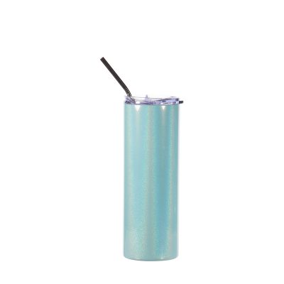 Gobelet fin en acier inoxydable scintillant à paillettes de 20 oz/600 ml avec paille (bleu clair)