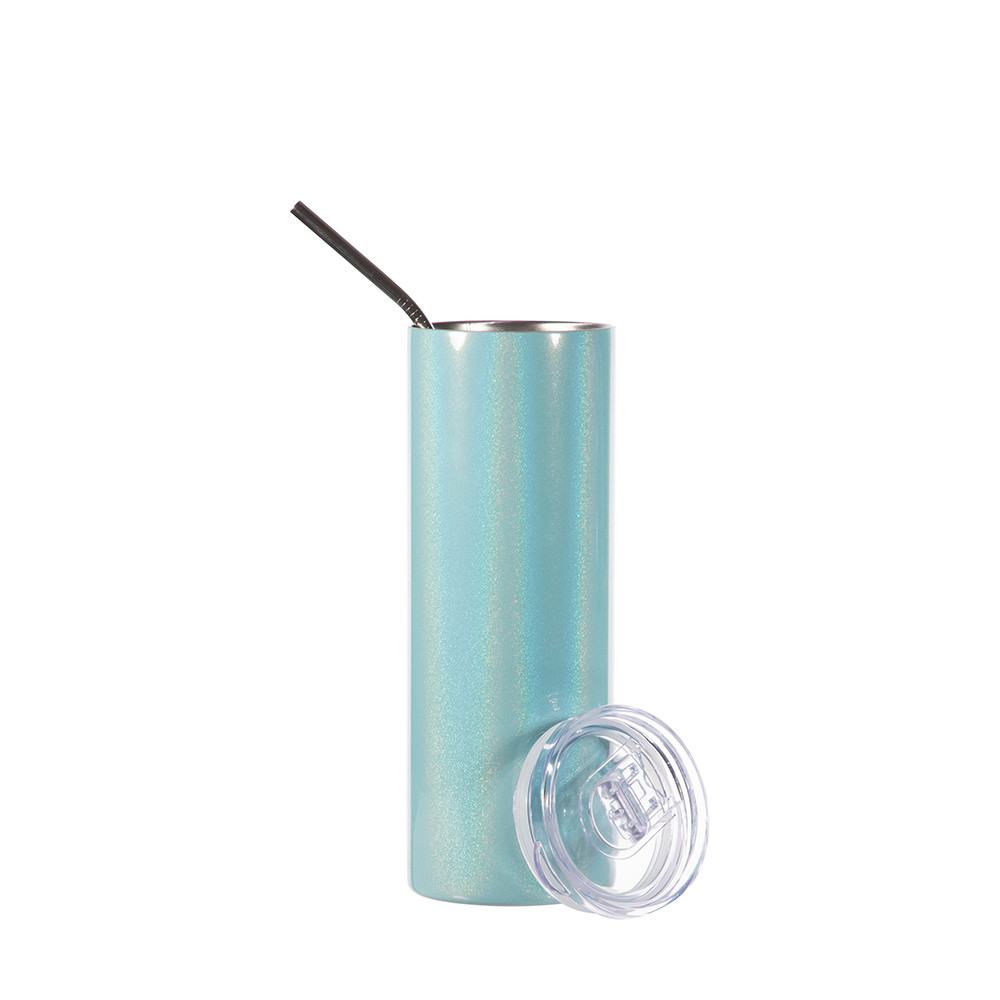 Gobelet fin en acier inoxydable scintillant à paillettes de 20 oz/600 ml avec paille (bleu clair)