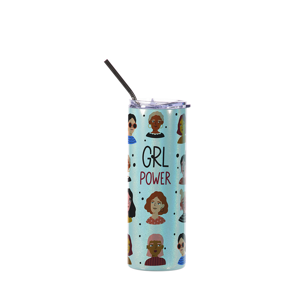 Gobelet fin en acier inoxydable scintillant à paillettes de 20 oz/600 ml avec paille (bleu clair)