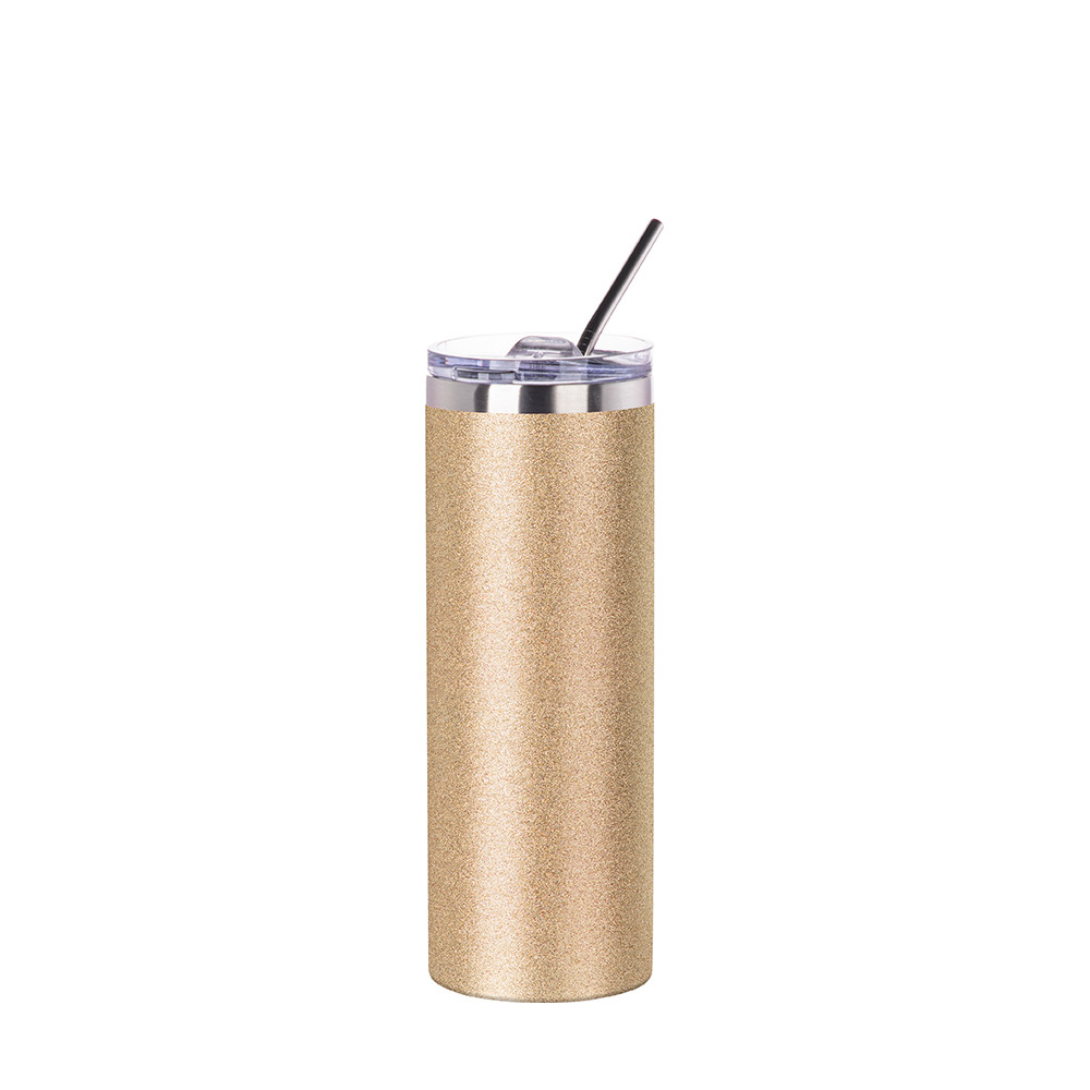 Gobelet fin en acier inoxydable à paillettes de 20 oz/600 ml avec paille et couvercle (or rose)