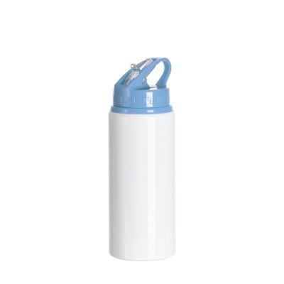 Bouteille en aluminium blanc de 20 oz/600 ml avec couvercle en paille bleu clair