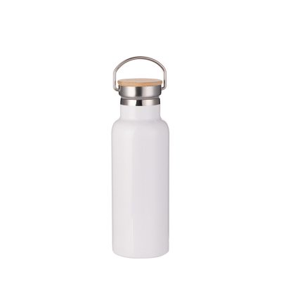 Bouteille portative en acier inoxydable avec couvercle en bambou de 500 ml/17 oz (blanc)